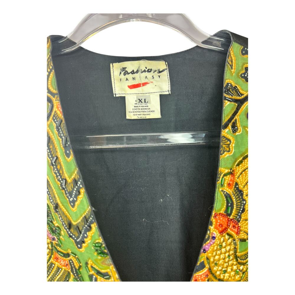 Vintage 90s Fashion Fantasy Embroidered Beaded Vest Green Boho XL - Picture 4 of 5